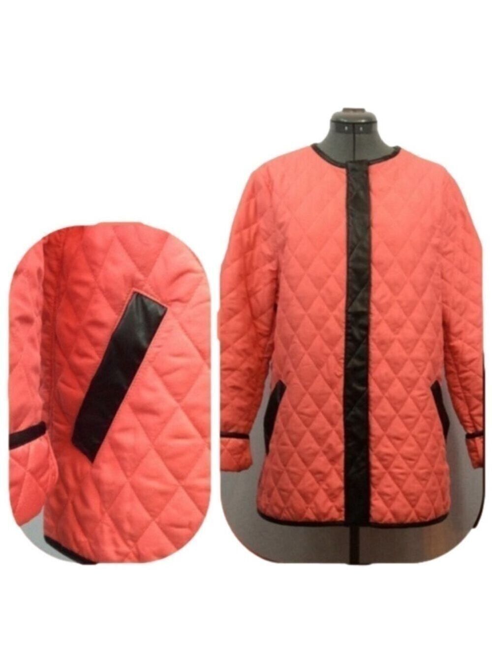 ASOS Coral w/ Black Faux Leather Trim Quilted Jacket Size 14 - Picture 4 of 6